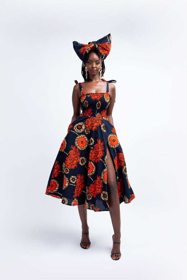 MOSOPE African print smocked Midi dress
