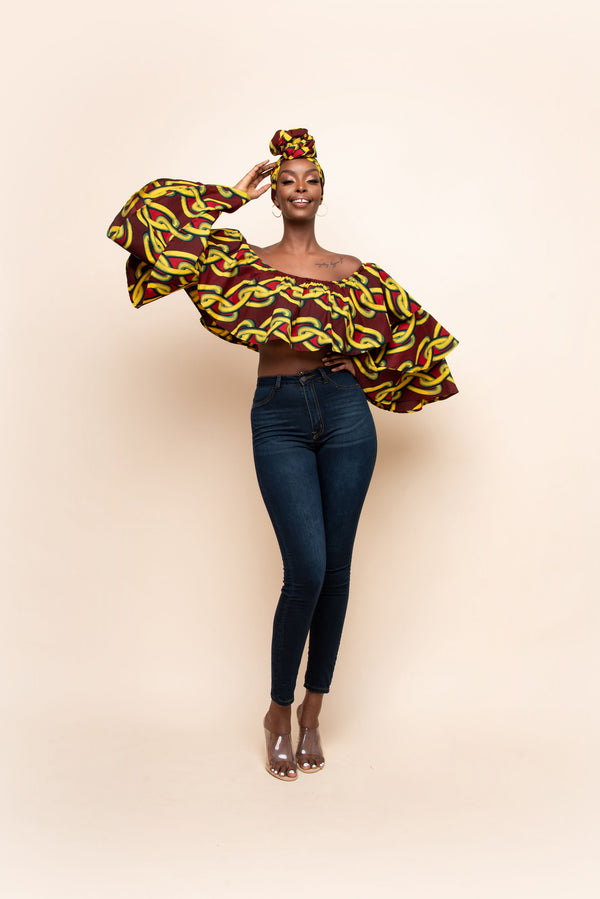 ENO African Print Long Sleeve Layered Ruffle Crop Top