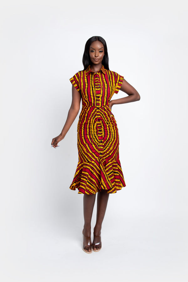 RITA African Print Ruched Shirt Midi Dress