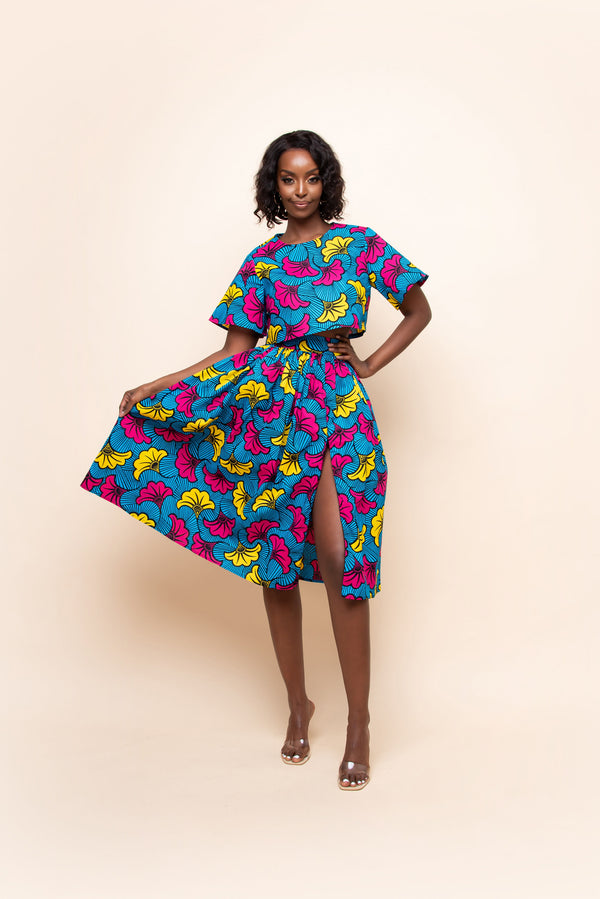 BLUE FEMI African Print Short Sleeve Crop Top