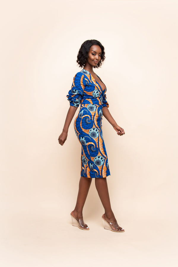 DIJA African Print V Neck Midi Dress