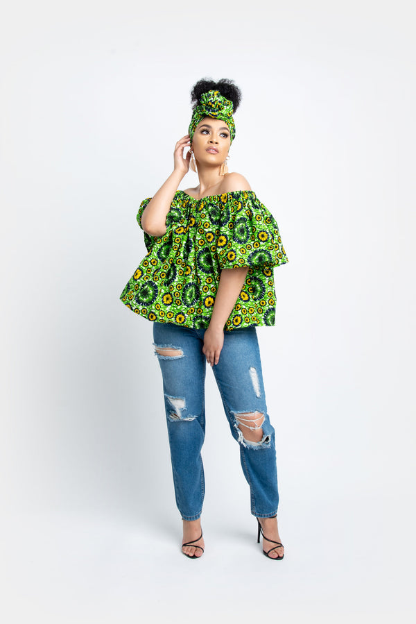 LOLO GREEN African Print Off Shoulder Top