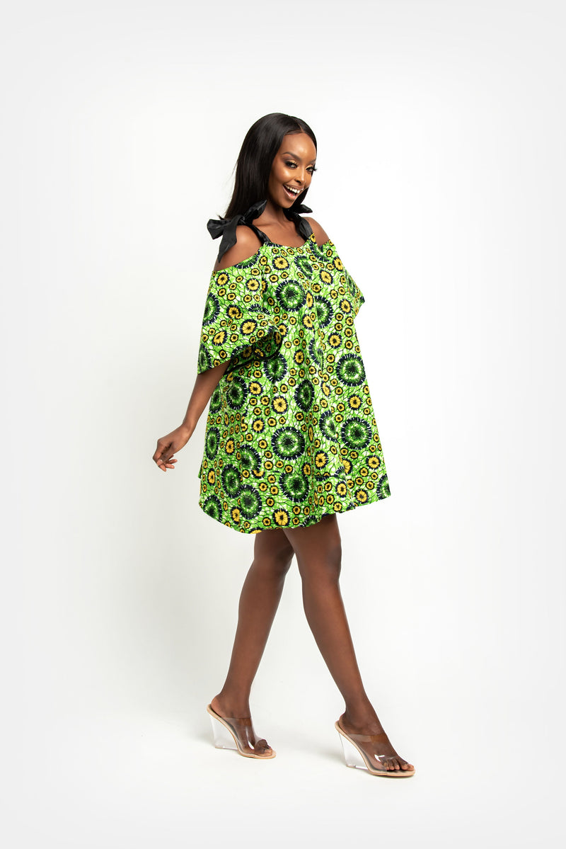 LOLO GREEN African Print Tie Mini Dress