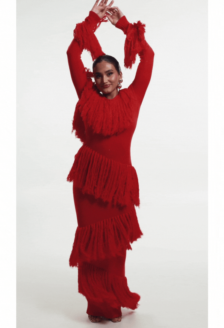 red long sleeve fringe dress IGHO Sequin Fringe Maxi Dress in RED – OFUURE