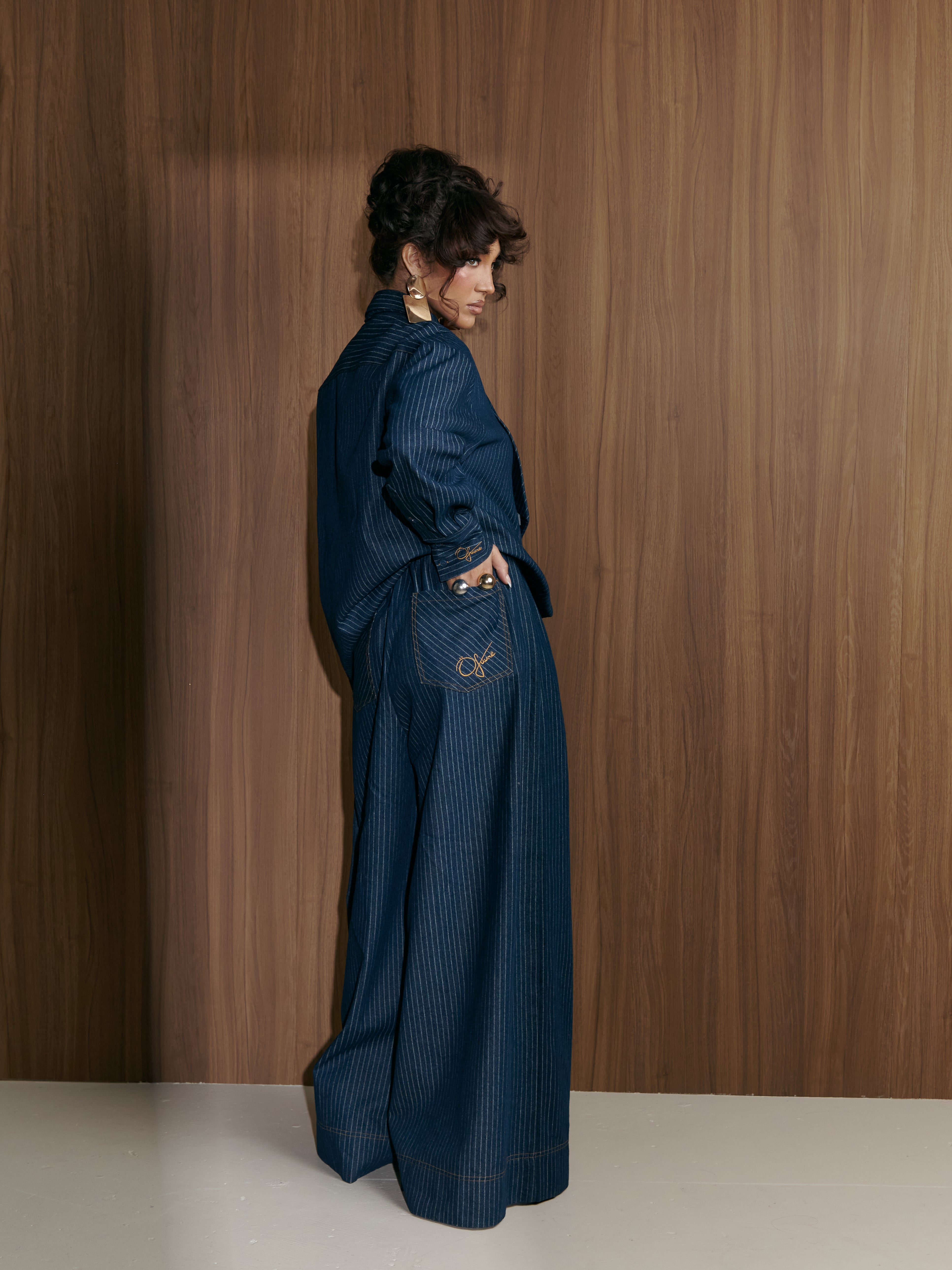 パンツ ARMY OF ME Luster Coated Sarouel Denim Denim Pinstripe AMARA Pants – OFUURE