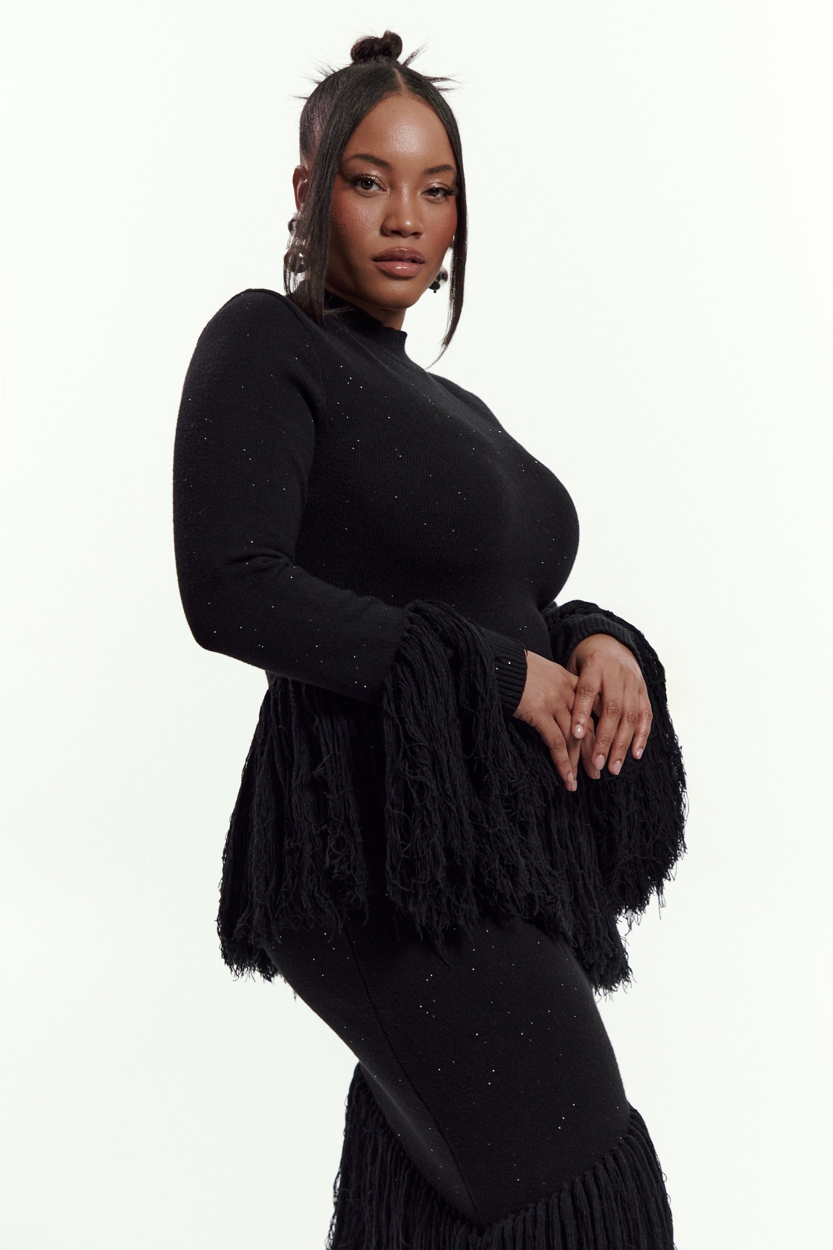 long sleeve fringe maxi dress EME Sequin Fringe Maxi Dress in BLACK – OFUURE