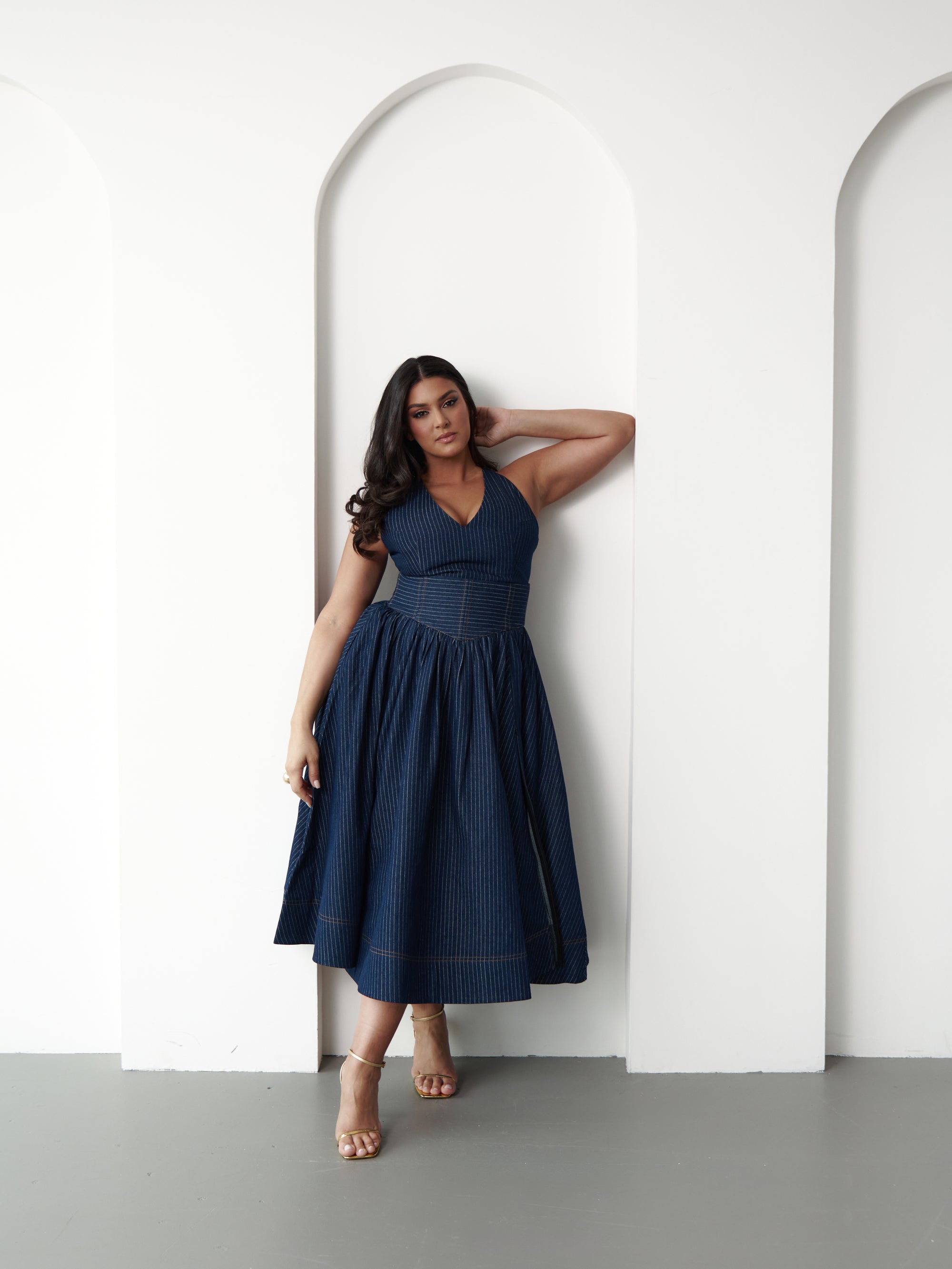 Denim Pinstripe NOEMI Midi Dress OFUURE Denim Pinstripe NOEMI Midi Dress OFUURE