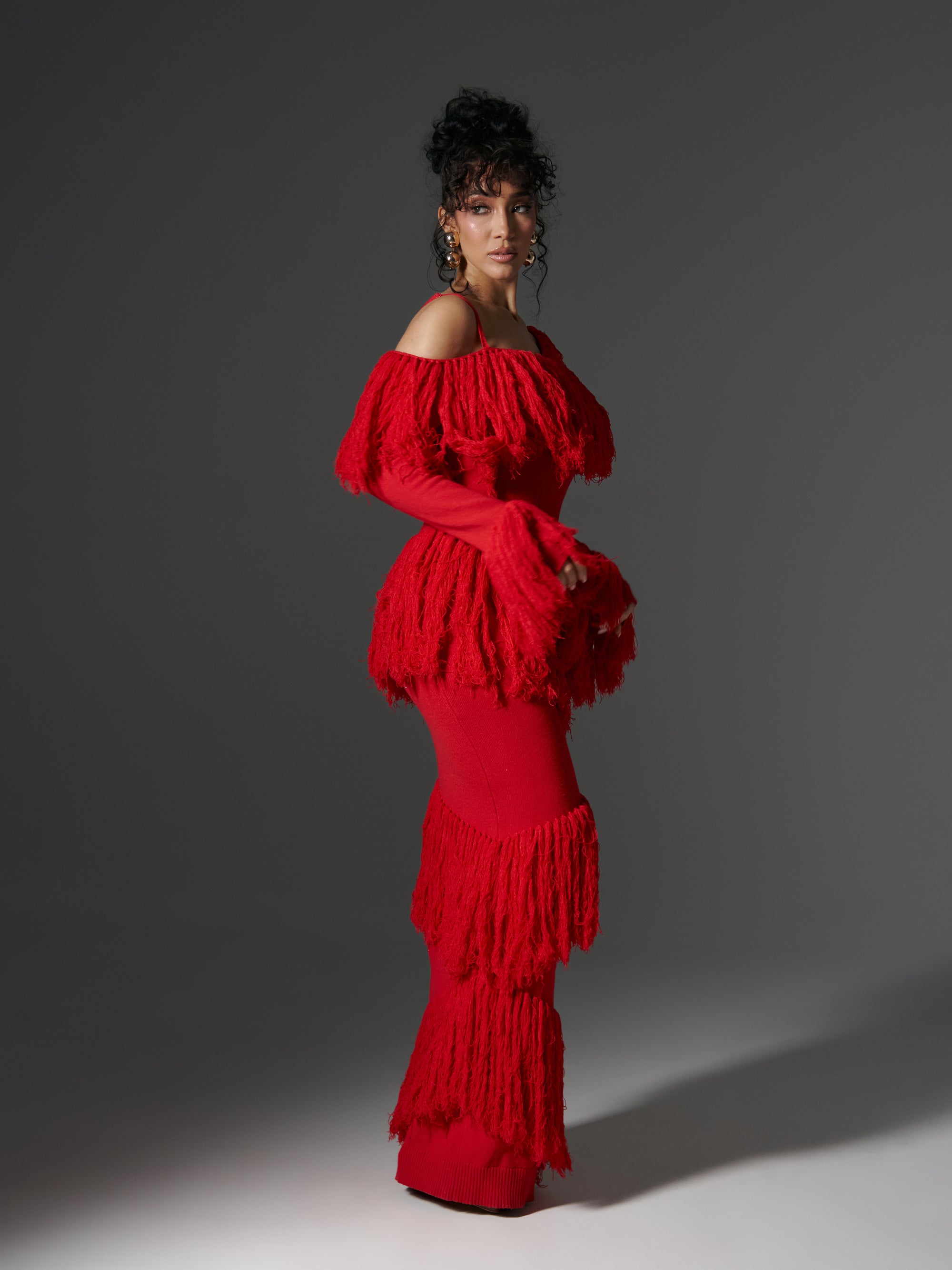 IGHO Sequin Fringe Maxi Dress in RED OFUURE IGHO Sequin Fringe Maxi Dress in RED OFUURE