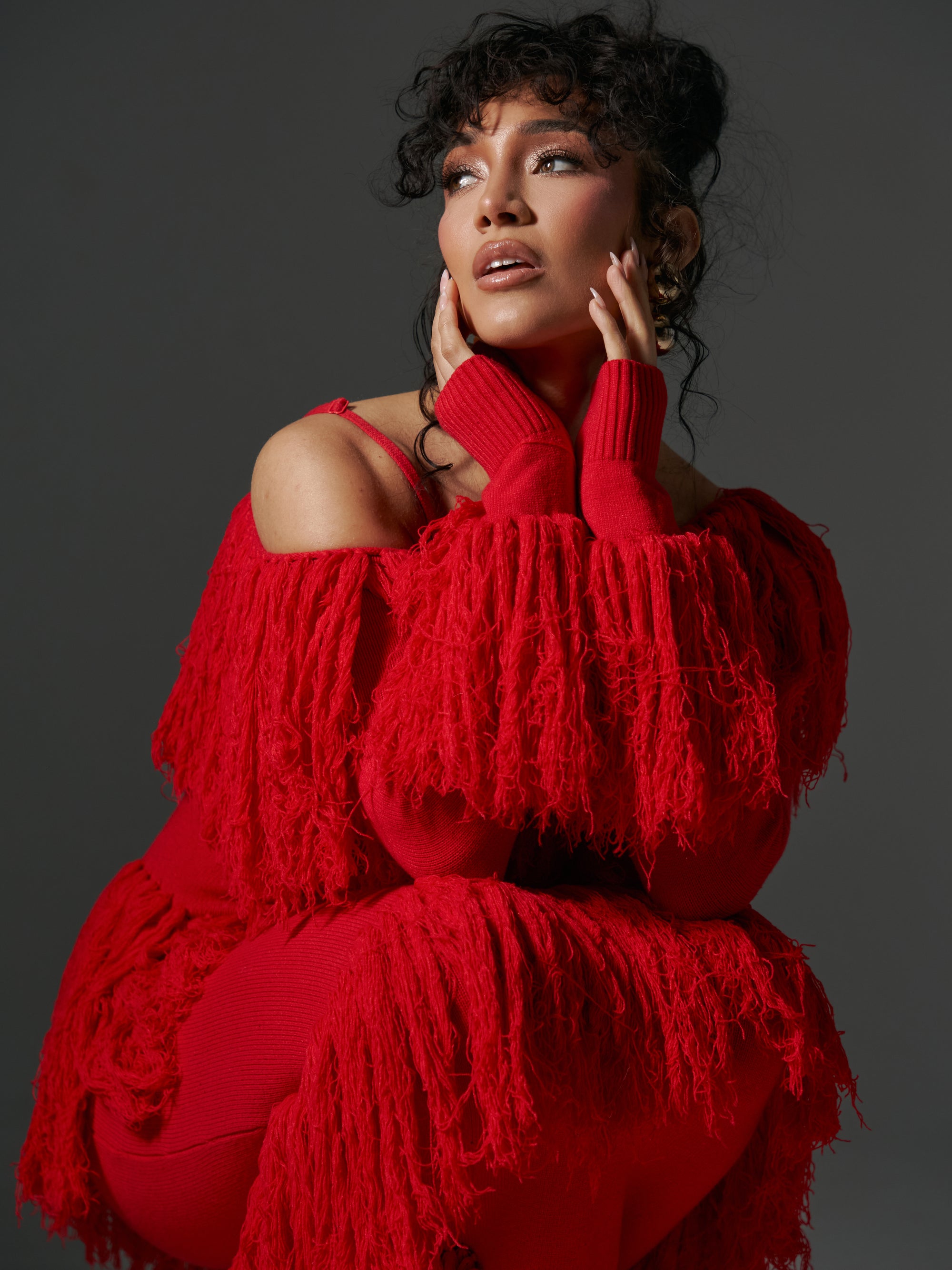 IGHO Sequin Fringe Maxi Dress in RED