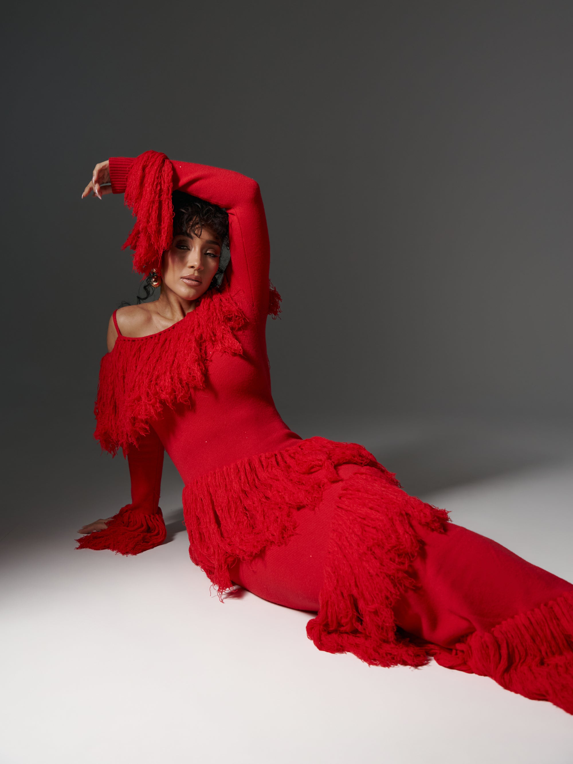 IGHO Sequin Fringe Maxi Dress in RED