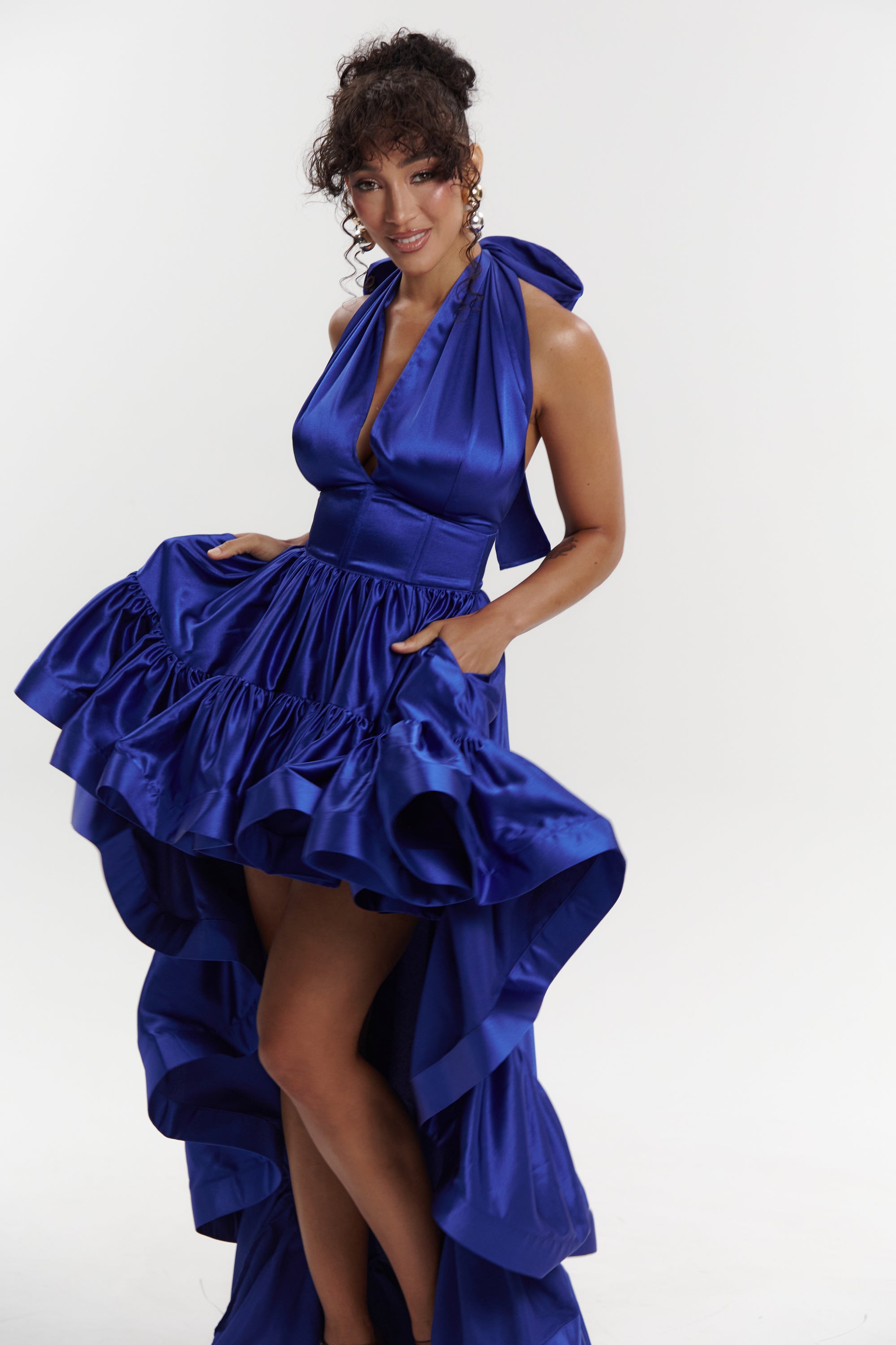 cobalt party dress Cobalt Blue Satin V-neck Knee-length Cocktail Party Dress