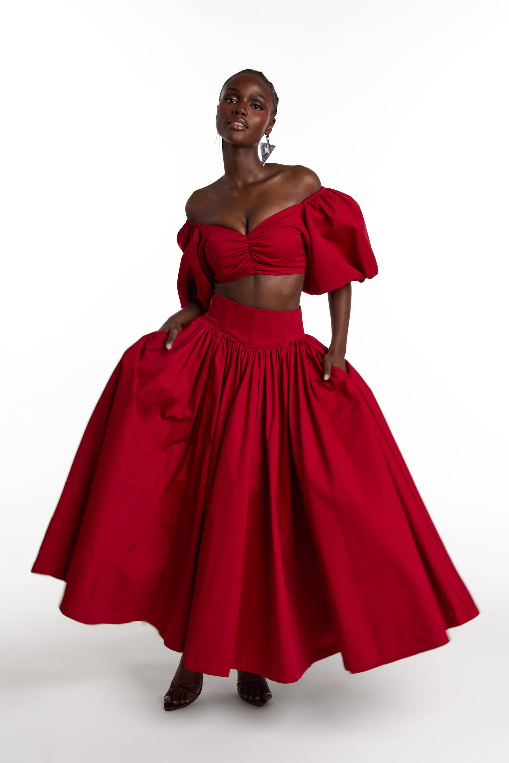 SKYE Puffy Sleeve Crop Top in RED