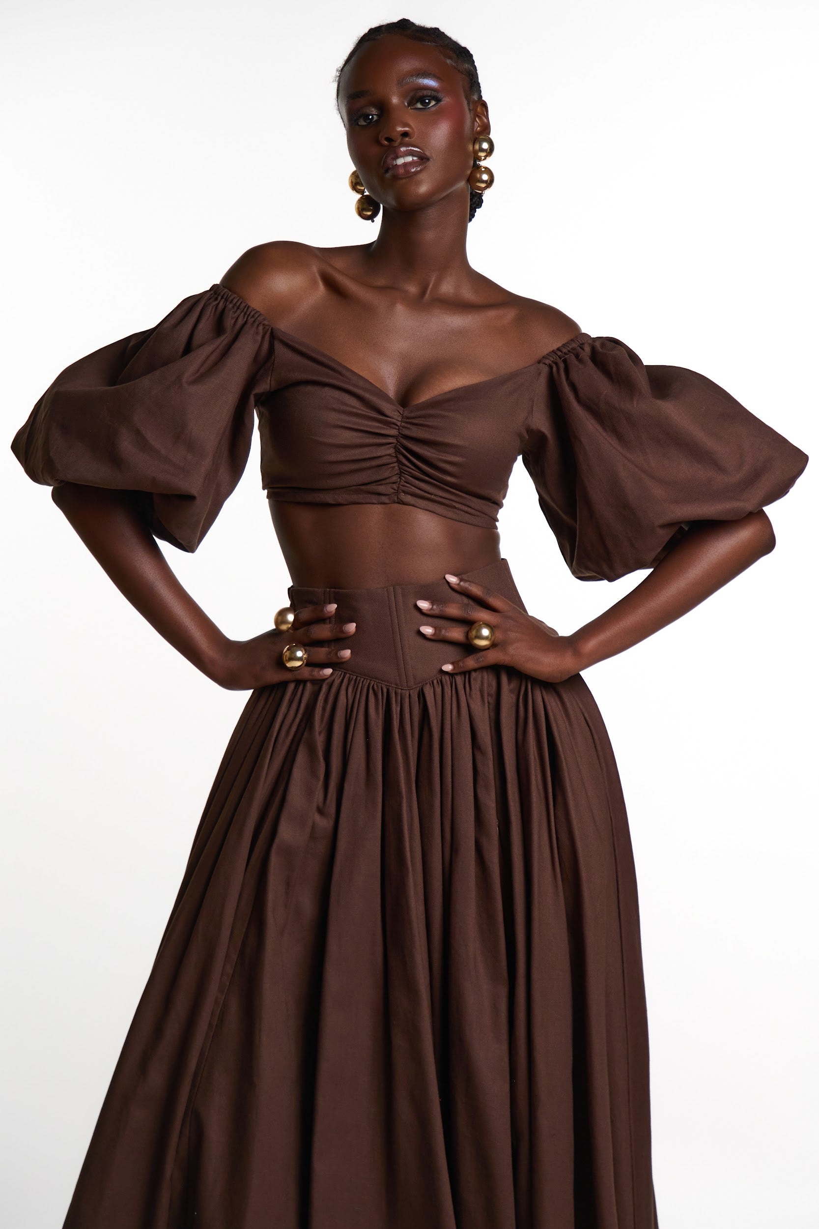 SKYE Puffy Sleeve Crop Top in BROWN