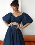 Denim Pinstripe SKYE Puffy Sleeve Crop Top
