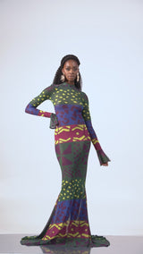 ANU GREEN LONG SLEEVE MAXI MESH DRESS