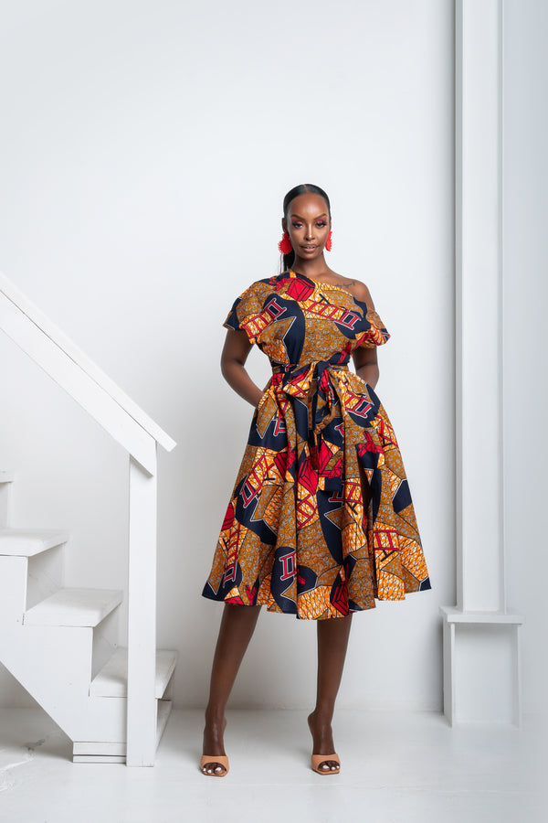 SADE African Print One-shoulder Midi Dress