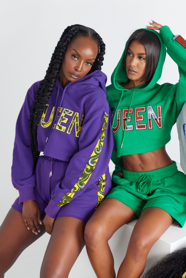 CROP QUEEN Hoodie Short Set (Ankara)- GREEN