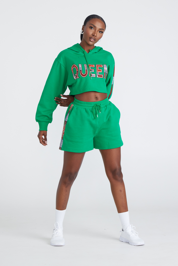 CROP QUEEN Hoodie Short Set (Ankara)- GREEN