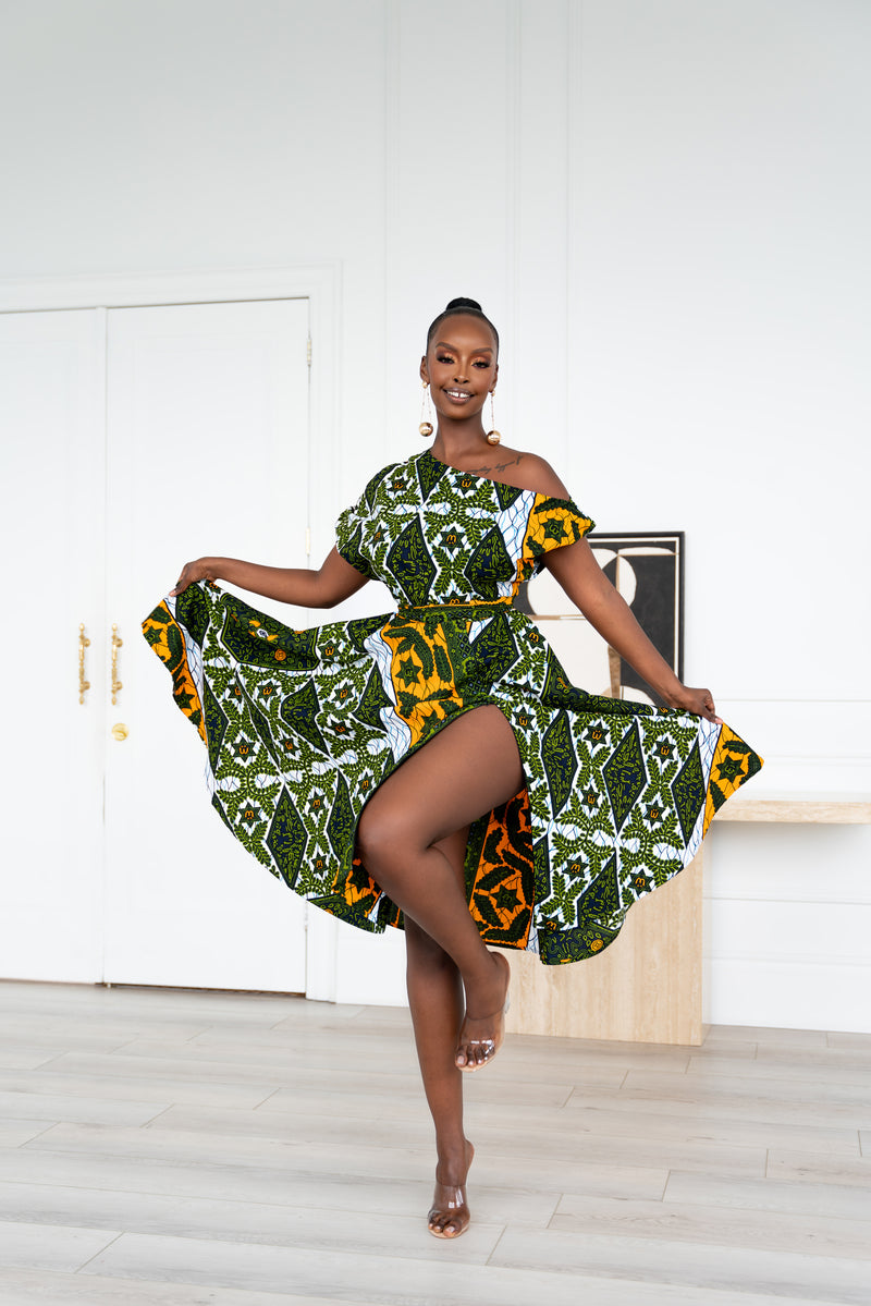RIMI African Print One-shoulder Midi Dress