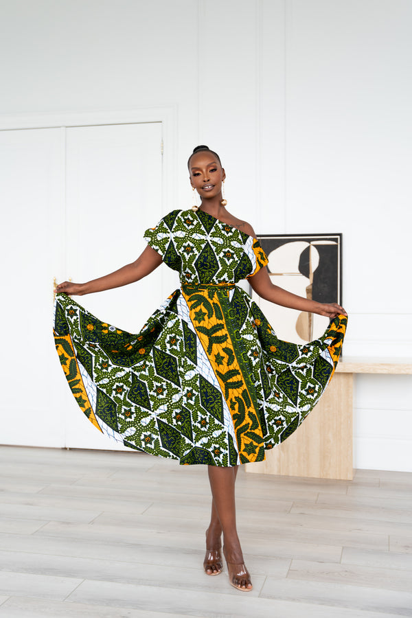 RIMI African Print One-shoulder Midi Dress