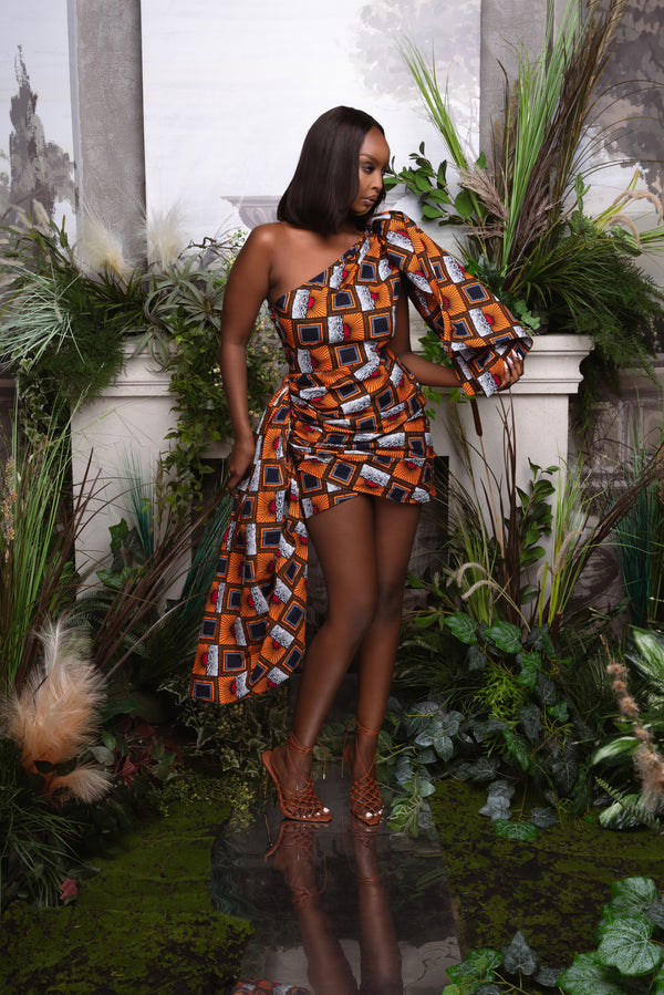 RIRE African Print One Sleeve Drape Mini Dress