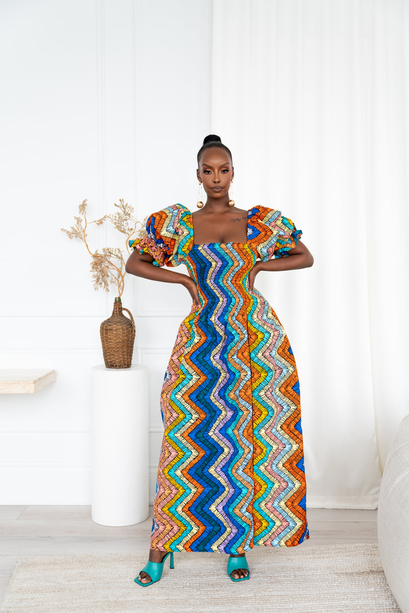 OVI African print smocked maxi dress (PUFFY SLEEVE)