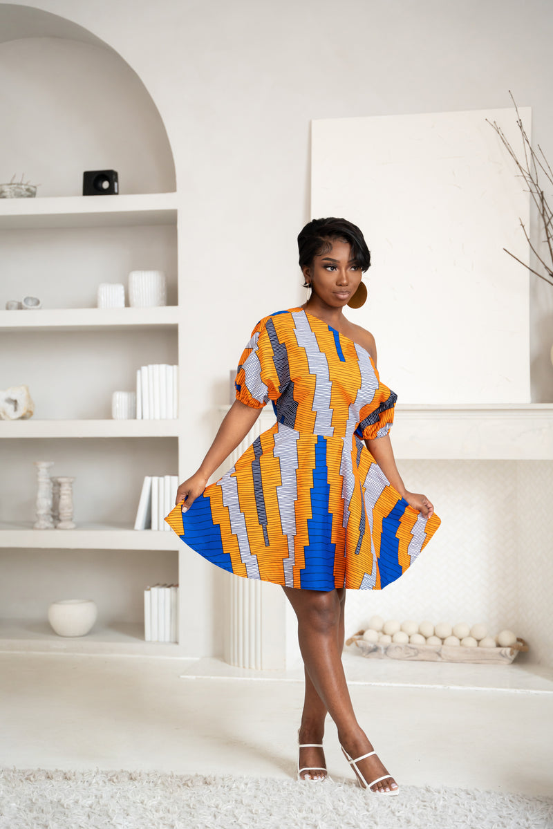 SOMIE African Print One-shoulder Mini Dress