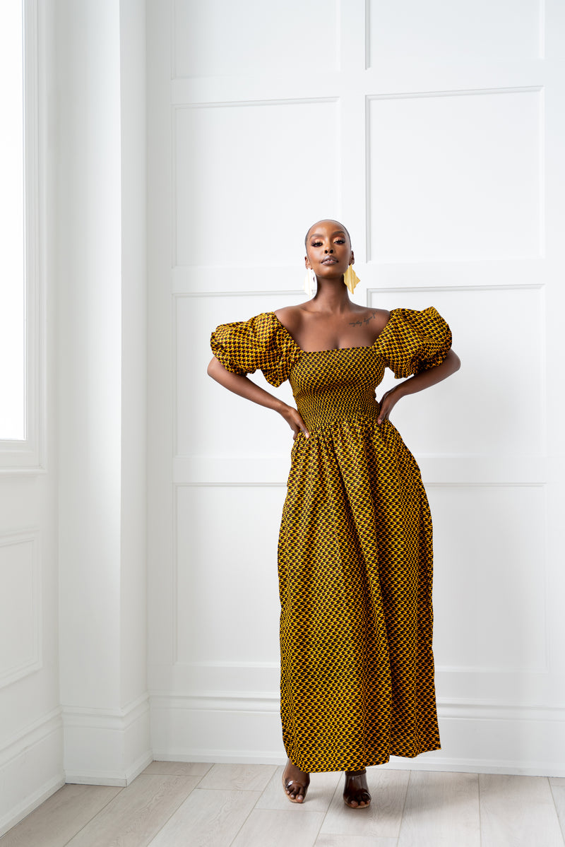 AGBANI African print smocked maxi dress (PUFFY SLEEVE)
