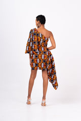 RIRE African Print One Sleeve Drape Mini Dress