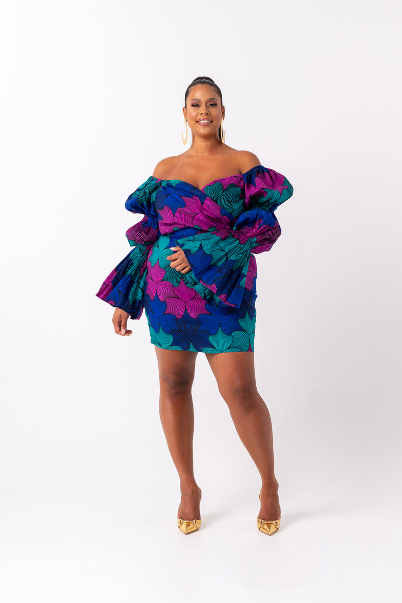 ZURI African Print Off-shoulder Puffy Sleeve Mini Dress