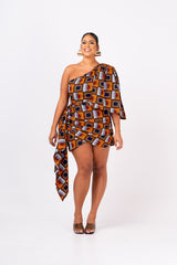 RIRE African Print One Sleeve Drape Mini Dress