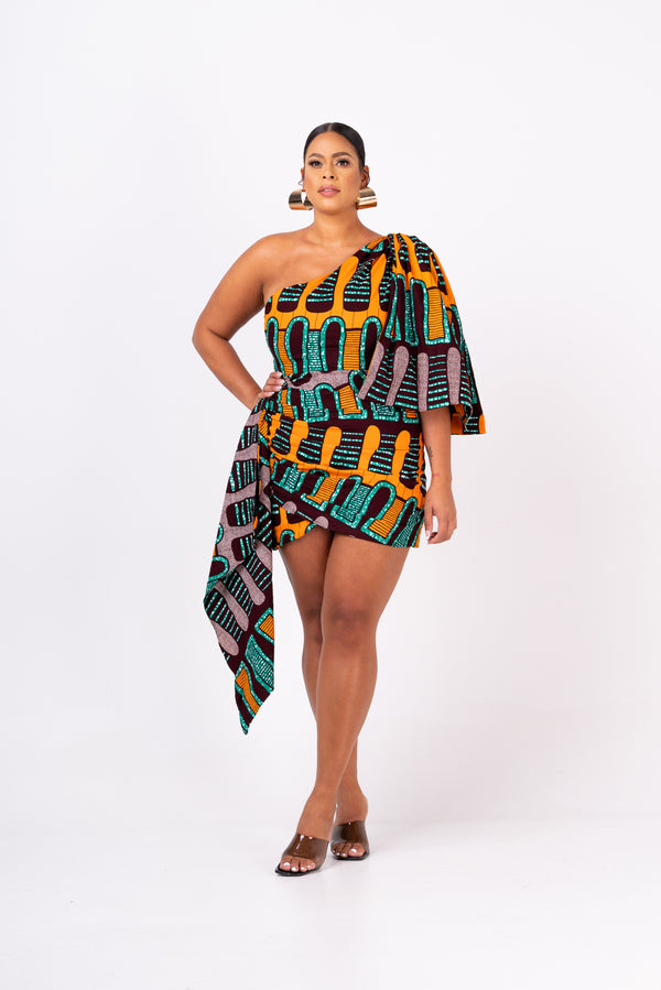 BUSAYO African Print One Sleeve Drape Mini Dress