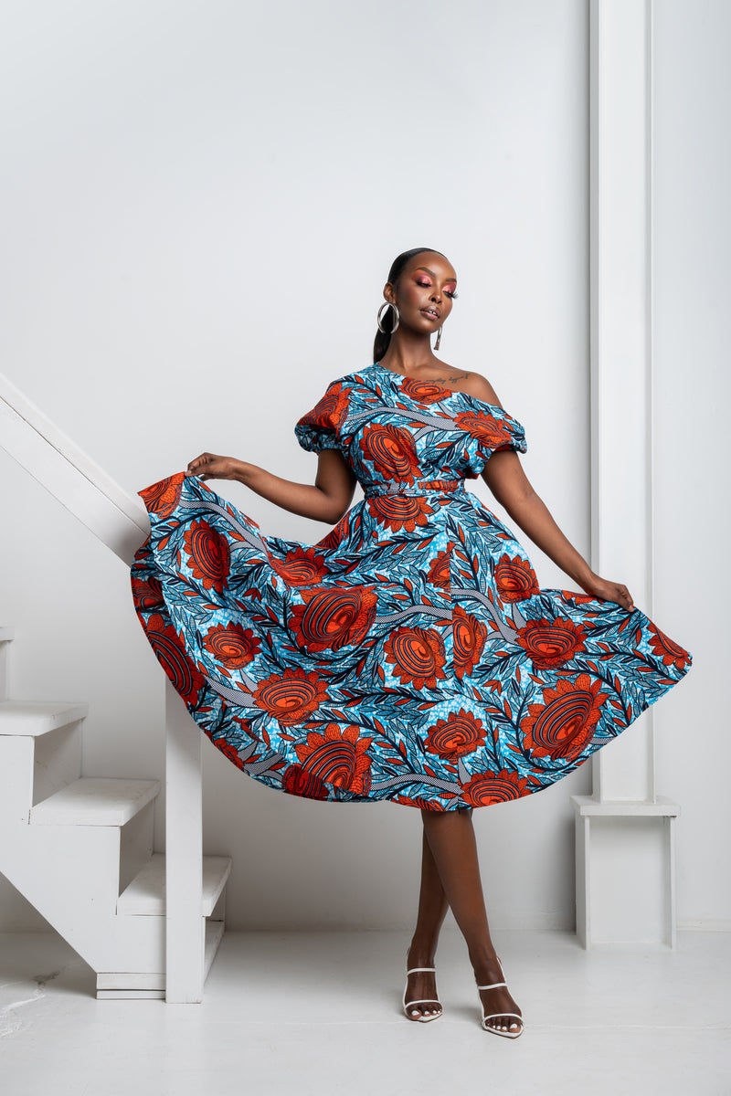 FAYO African Print One-shoulder Midi Dress