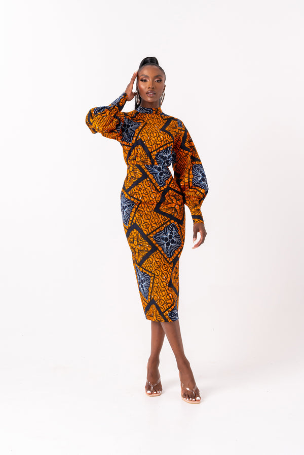 ZEZE African Print Mock Neck Midi Dress