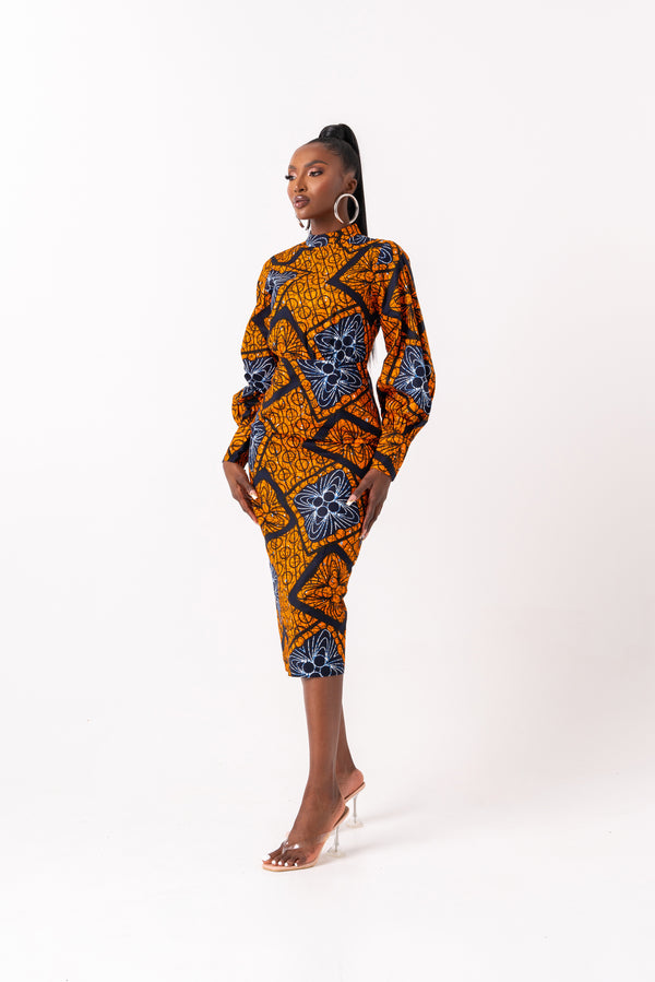 ZEZE African Print Mock Neck Midi Dress