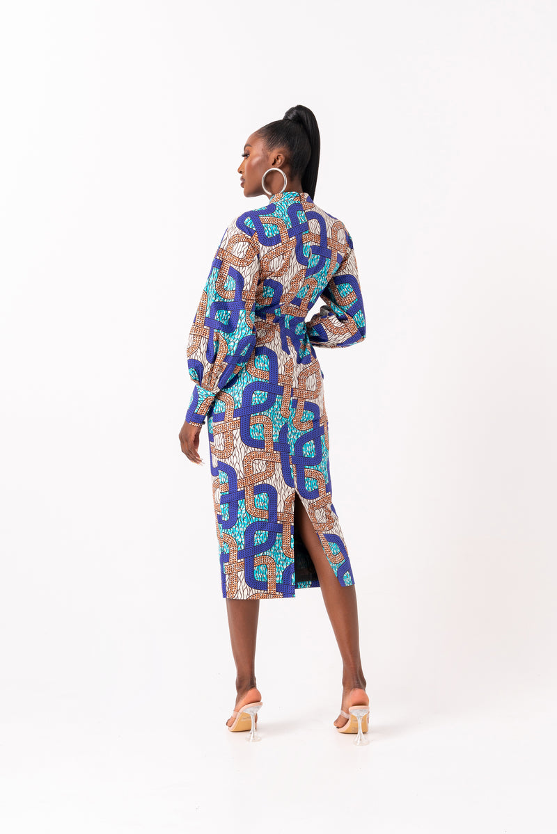 NINO African Print Mock Neck Midi Dress