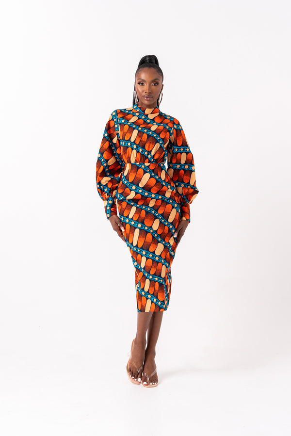 ASHA African Print Mock Neck Midi Dress