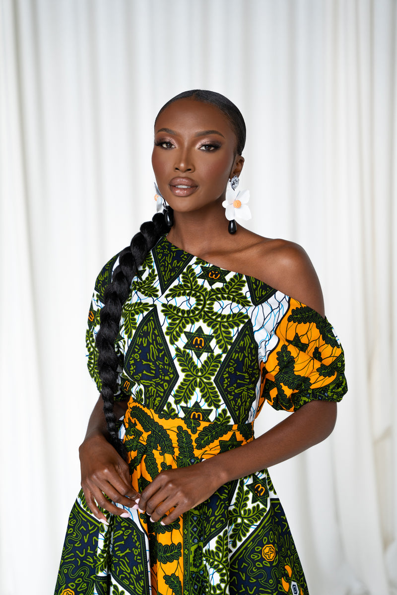 RIMI African Print One-shoulder Midi Dress