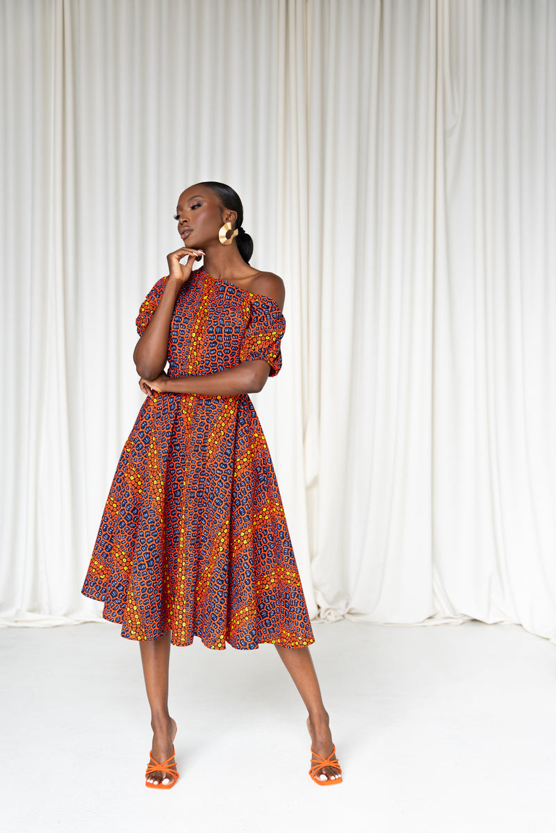 JEMIMA African Print One-shoulder Midi Dress