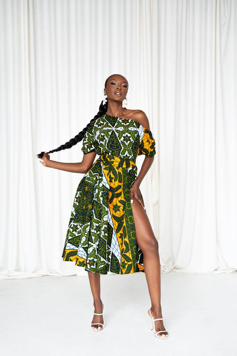 RIMI African Print One-shoulder Midi Dress