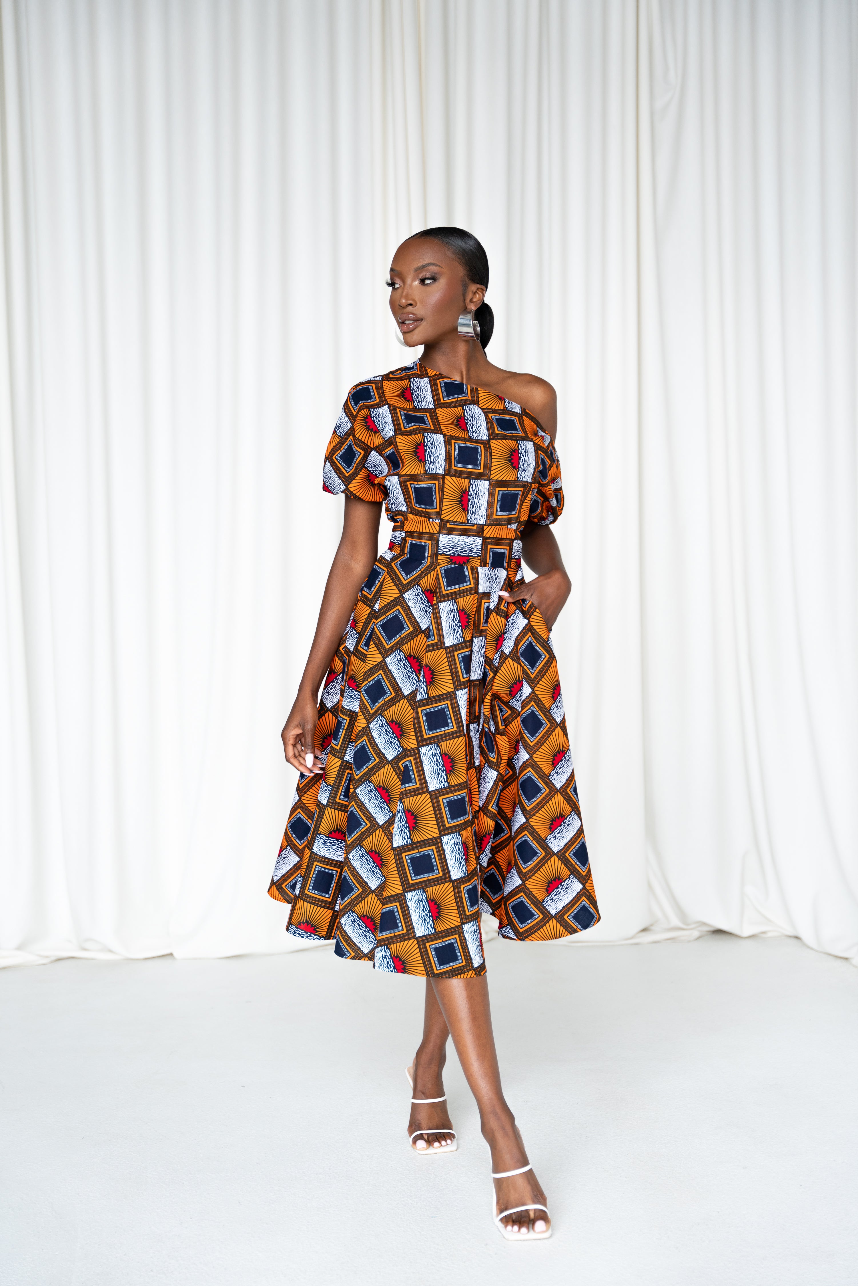 RIRE African Print One-shoulder Midi Dress