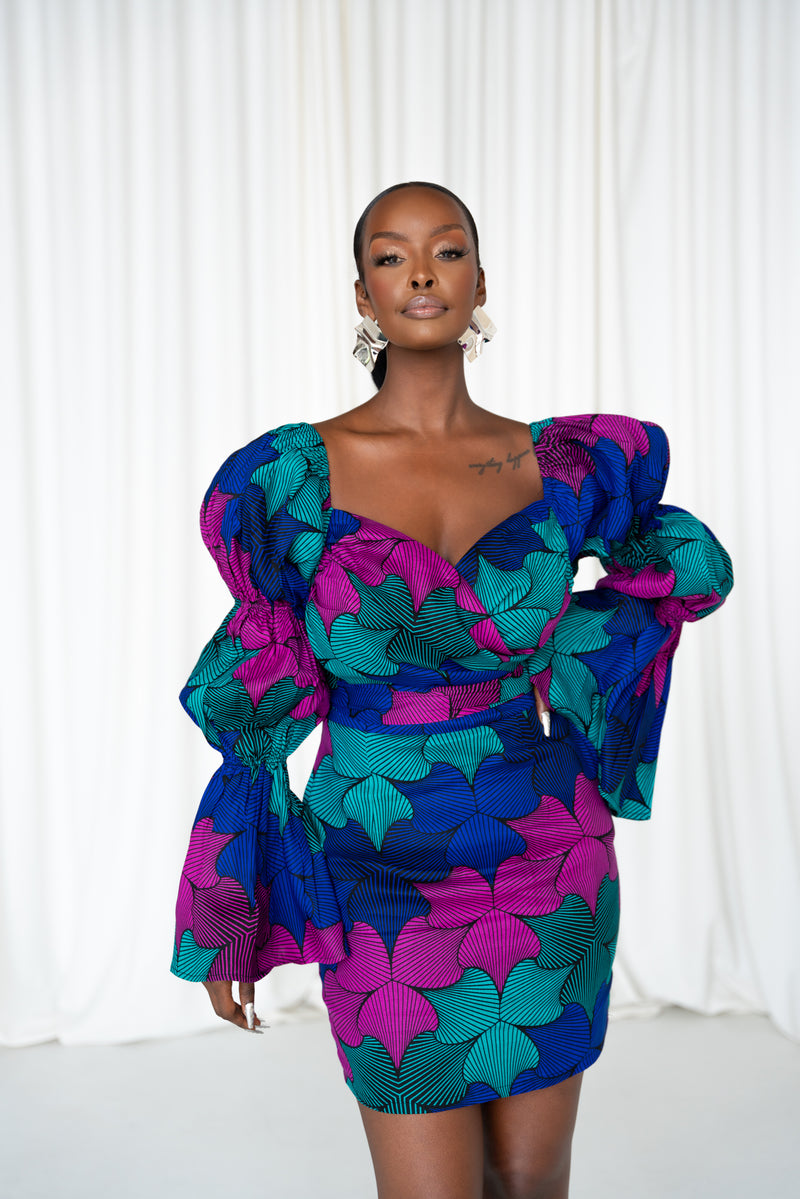 ZURI African Print Off-shoulder Puffy Sleeve Mini Dress