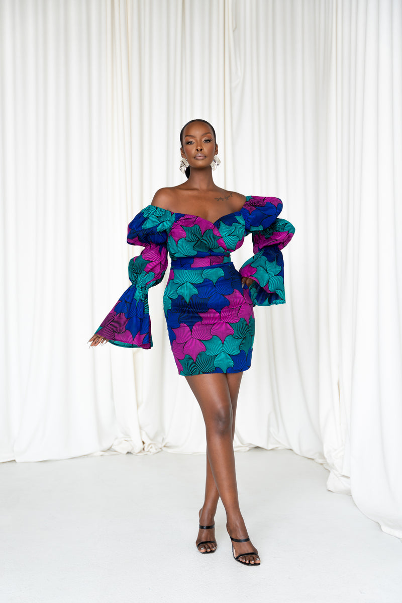 ZURI African Print Off-shoulder Puffy Sleeve Mini Dress