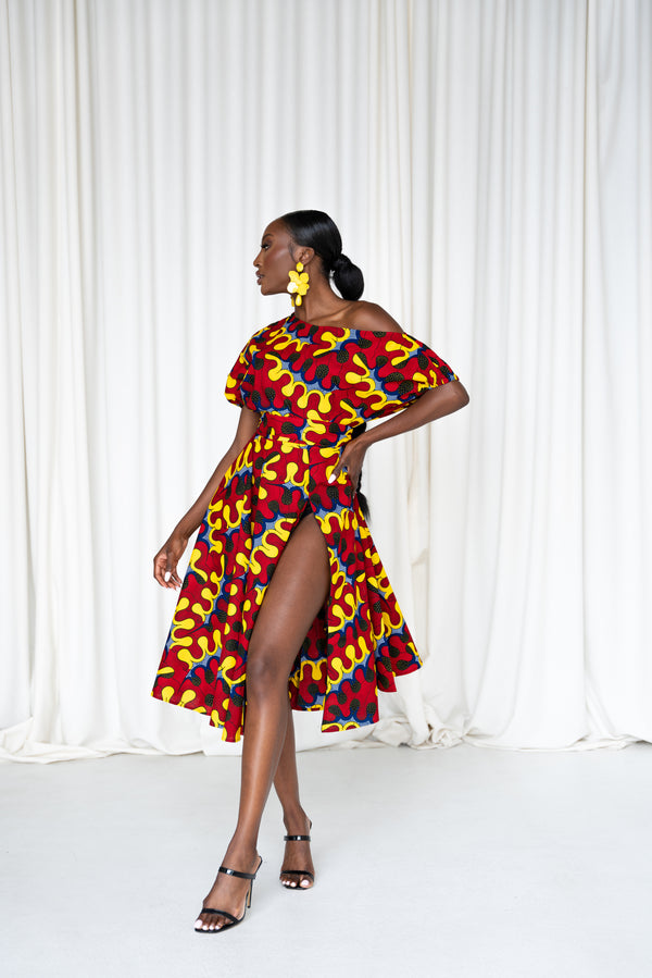 TURO African Print One-shoulder Midi Dress