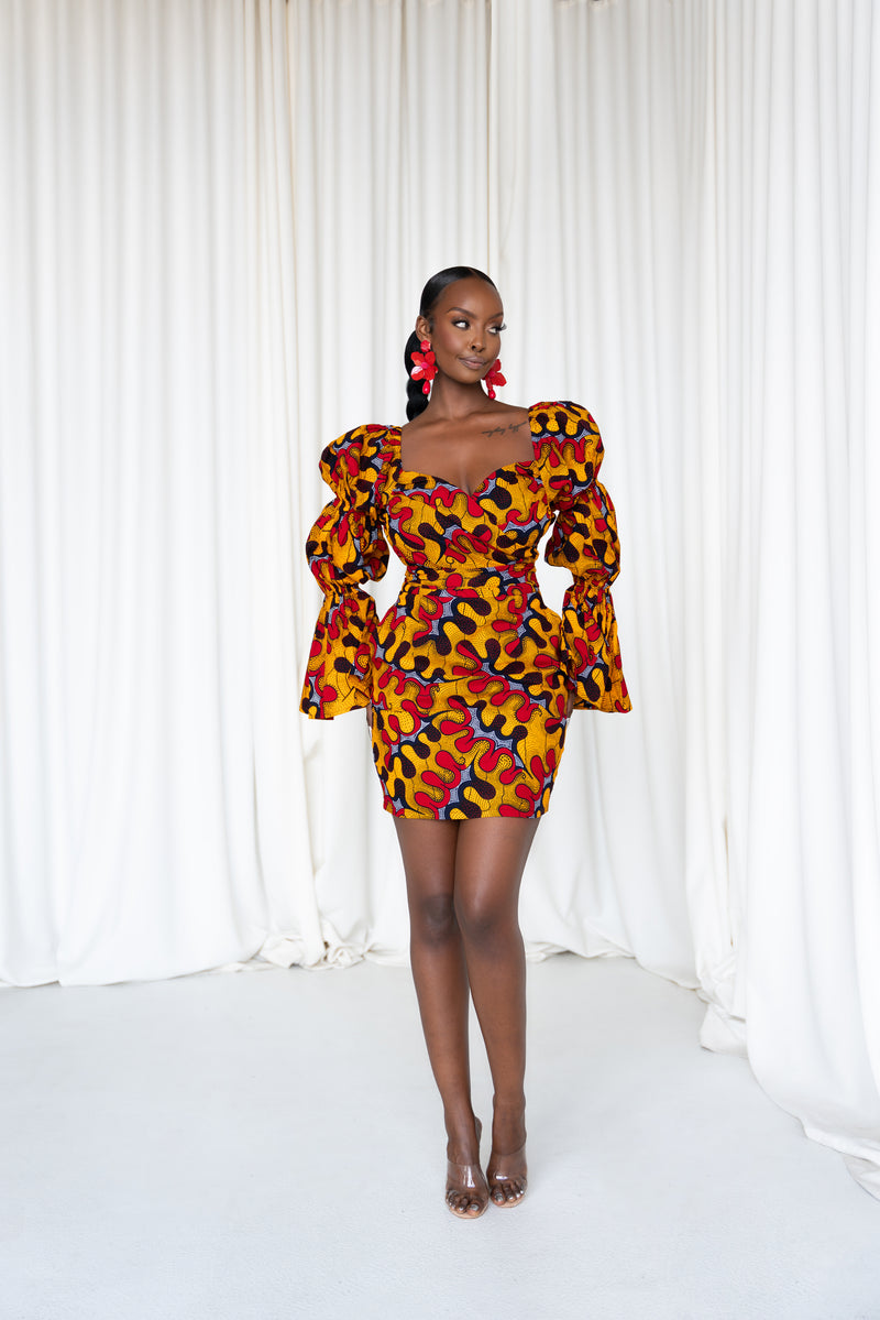 LIRA African Print Off-shoulder Puffy Sleeve Mini Dress