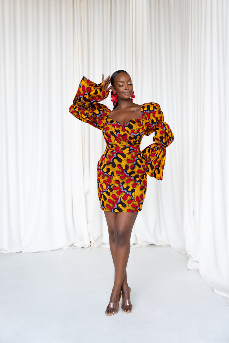 LIRA African Print Off-shoulder Puffy Sleeve Mini Dress