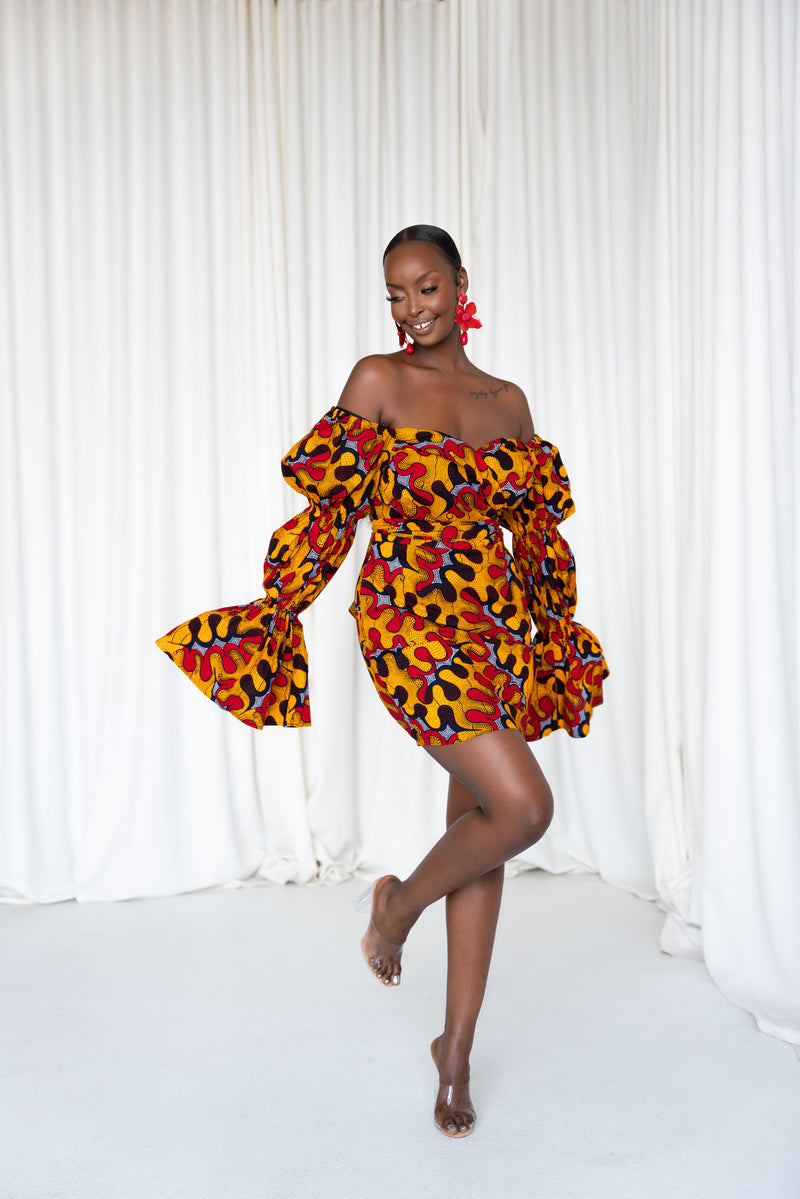 LIRA African Print Off-shoulder Puffy Sleeve Mini Dress