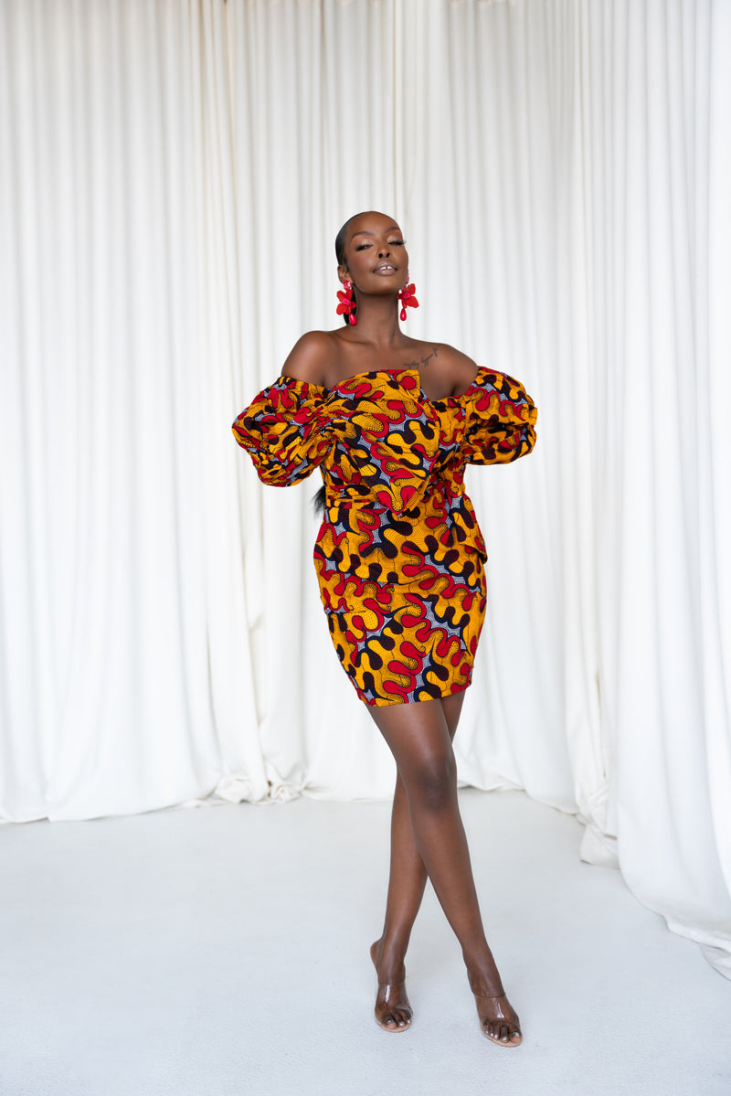 LIRA African Print Off-shoulder Puffy Sleeve Mini Dress