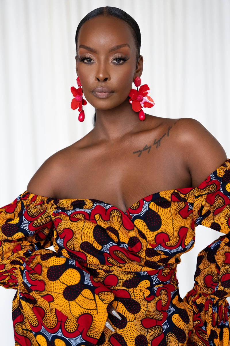 LIRA African Print Off-shoulder Puffy Sleeve Mini Dress