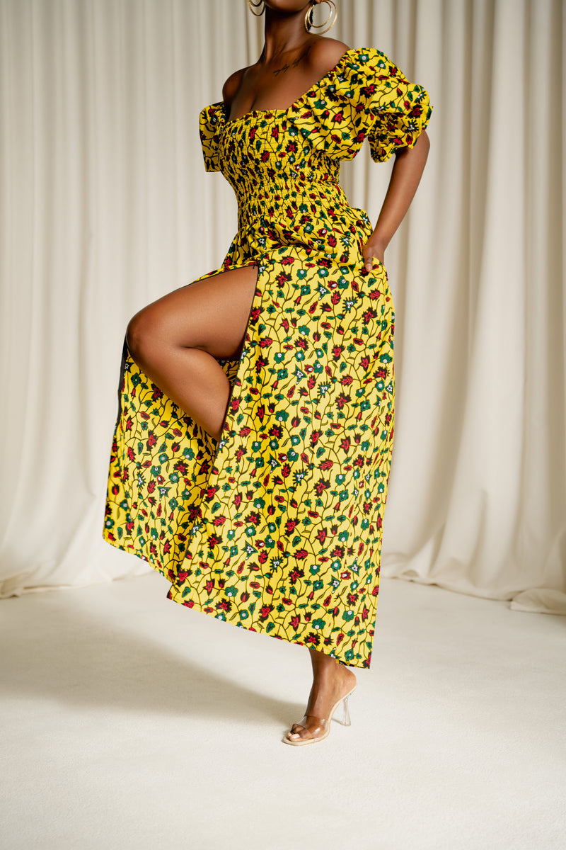 YEWANDE African print smocked maxi dress (PUFFY SLEEVE)